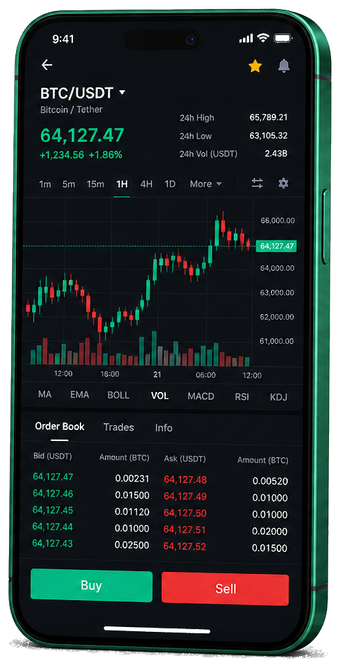 Aster Capitex trading platform on mobile — live BTC/USDT chart, order book, and buy/sell interface
